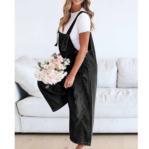 Light Blue Distressed Wide Leg Adjustable Strap Denim Jean Overalls - Picture 7 of 8